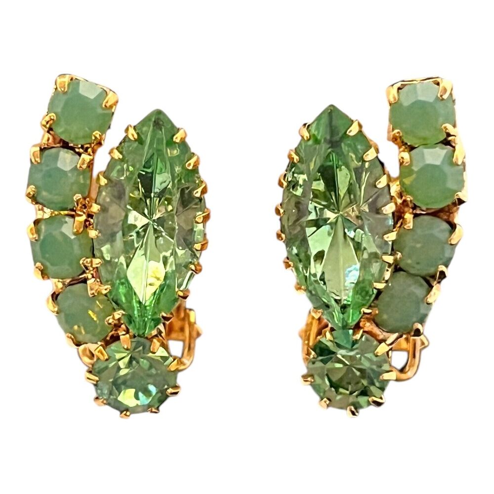 Vintage 1960s Green Rhinestone Clip Earrings Navette Crystal Gold Tone - 5O